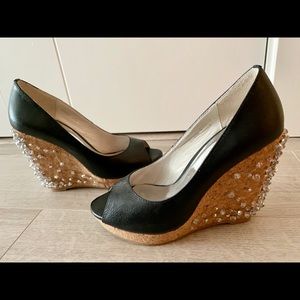 Black Matte Platform Wedge Peep-Toe Pumps (size 5)